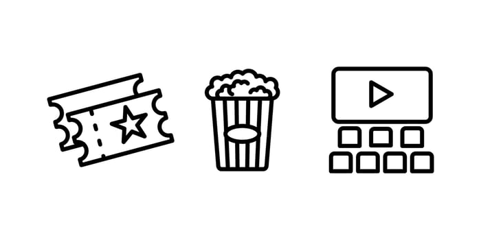Set icons Cinema auditorium with screen and seats, cinema hall, popcorn,and tickets.isolated white background. vector