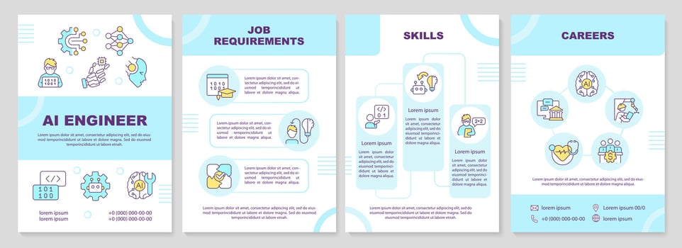 2D AI engineer blue brochure template, leaflet design with thin line icons, 4 vector layouts.