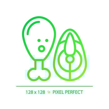 2D pixel perfect gradient meat icon, isolated vector, thin line green illustration representing allergen free. vector