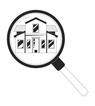 Loupe searching house black and white 2D line cartoon object. Agency real estate magnifying glass isolated vector outline item. Rent property. Magnifier home monochromatic flat spot illustration