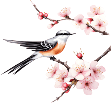 Watercolor paintings of colorful Scissor-tailed flycatcher birds.  Ai-Generated. png