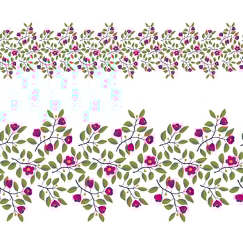 Floral seamless border, branches with leaves and bright magenta flowers on white. Vector illustration, design for poster, banner, invitation, book, fashion fabric, wrapping.