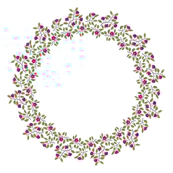 Floral wreath, branches with leaves and bright magenta flowers on white. Vector illustration, design for poster, banner, invitation, book, fashion fabric, wrapping.