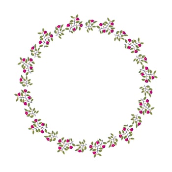 Floral wreath, branches with leaves and bright magenta flowers on white. Vector illustration, design for poster, banner, invitation, book, fashion fabric, wrapping.