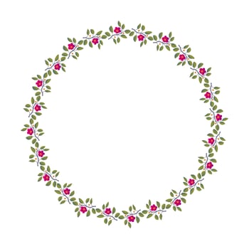 Floral wreath, branches with leaves and bright magenta flowers on white. Vector illustration, design for poster, banner, invitation, book, fashion fabric, wrapping.