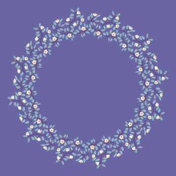 Floral wreath, branches with teal leaves and light cream flowers on purple. Vector illustration, design for poster, banner, invitation, book, fashion fabric, wrapping.