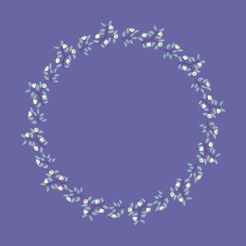 Floral wreath, branches with teal leaves and cream flowers on purple. Vector illustration, design for poster, banner, invitation, book, fashion fabric, wrapping.