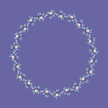 Floral wreath, branches with teal leaves and light cream flowers on purple. Vector illustration, design for poster, banner, invitation, book, fashion fabric, wrapping.