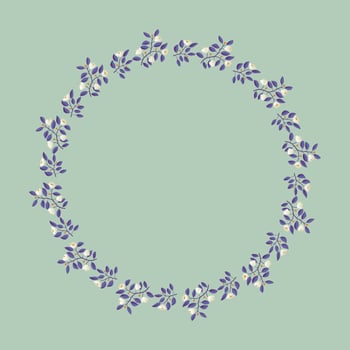 Floral wreath, branches with purple leaves and light cream flowers on pistachio background. Vector illustration, design for poster, banner, invitation, book, fashion fabric, wrapping.