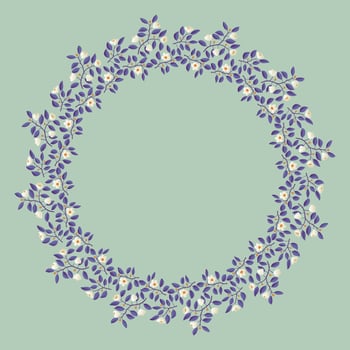 Floral wreath, branches with purple leaves and light cream flowers on pistachio background. Vector illustration, design for poster, banner, invitation, book, fashion fabric, wrapping.
