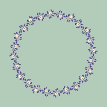 Floral wreath, branches with purple leaves and light cream flowers on pistachio background. Vector illustration, design for poster, banner, invitation, book, fashion fabric, wrapping.