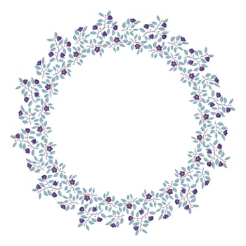 Floral wreath, branches with teal leaves and purple flowers on white. Vector illustration, design for poster, banner, invitation, book, fashion fabric, wrapping, packaging.