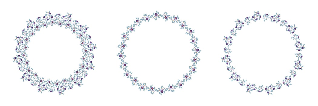 Set of floral isolated vector wreaths, branches with teal leaves and purple flowers on white. Vector illustration, design for poster, banner, invitation, book, fashion fabric, wrapping.