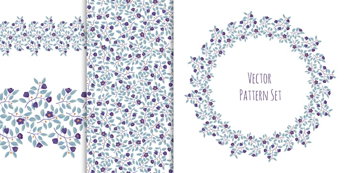 Set of floral backgrounds seamless border, pattern, wreath, branches with teal leaves and purple flowers on white. Vector illustration, design for wallpaper, textile, fabric, wrapping, packaging