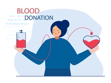 Volunteer woman donating blood near heart. Donor. Concept of donation, charity, world blood donor day, health care. Vector illustration in flat design for background, banner, card