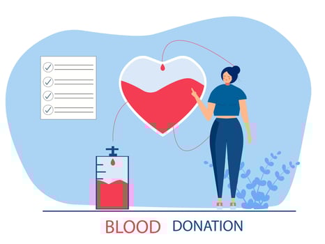 Volunteer woman donating blood near heart. Donor. Concept of donation, charity, world blood donor day, health care. Vector illustration in flat design for background, banner, card