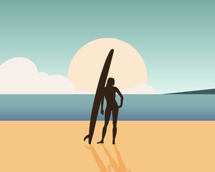 Girl surfer on the seashore with a surfboard on the seashore. Sports and recreation. Illustration, vector