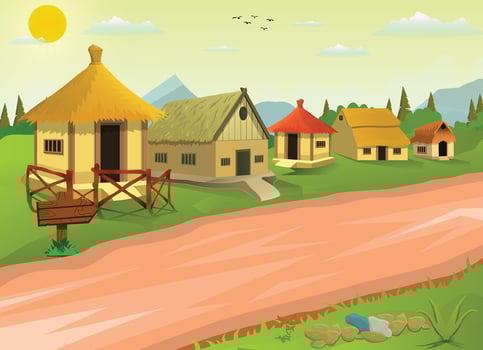 Village farm house old rural cottages, farmer house evening sky green village hut vector