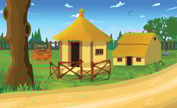 Village farm house old rural cottages, farmer house evening sky green village hut vector