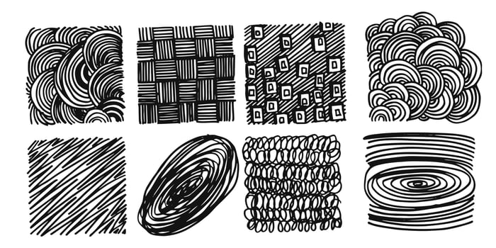 Pattern, texture, line hand drawn. Hatch drawing pen ink and crosshatch draw pencil sketch. Doodle scratch style. Black shape isolated on white background. Vintage graphic design. Vector illustration