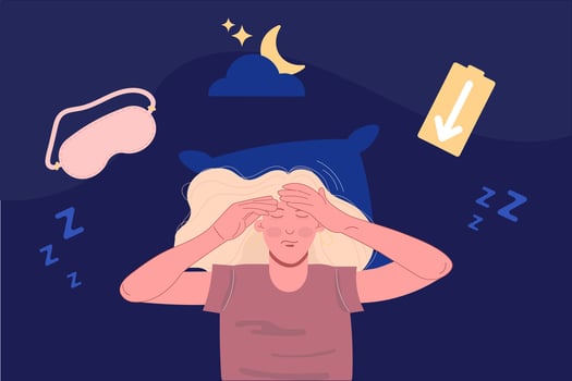 Insomnia, sleep disorder concept. A tired woman lies on a pillow vector