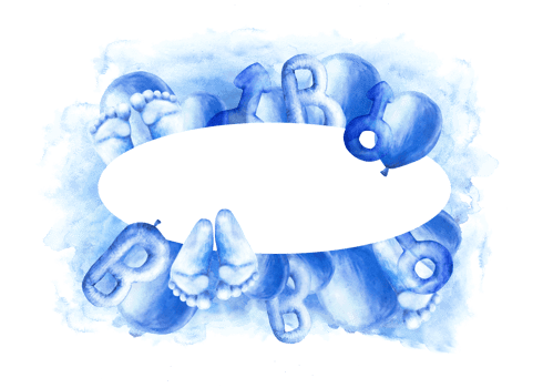 Newborn, gender reveal, birthday party It is a Boy baby circle frame Air ballon with blue splashes letter B, footprint, male Mars sign. Watercolor hand drawn illustrations png