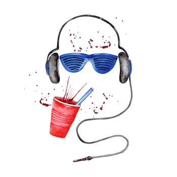 Composition with headphones, blue plastic sunglasses, red drinking cup with a straw. Retro style design portraying techno style. Hand drawn watercolor illustration isolated on transparent background png