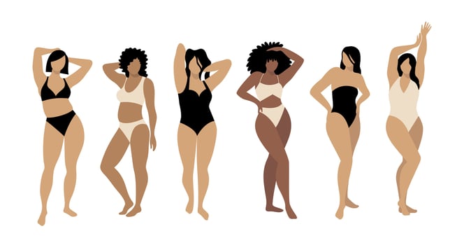 Set of beautiful plus size women in swimsuits. Female curvy characters of different ethnicity and skin color. Diversity. Positive body concept. Isolated vector illustration