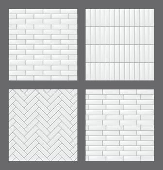 Set of seamless patterns with modern rectangular white tiles. Realistic textures collection. Vector illustration.