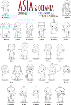 Kids and nationalities of Asia and Oceania Vector Set 1 of 2. Set of 24 characters for coloring dressed in different national costumes.