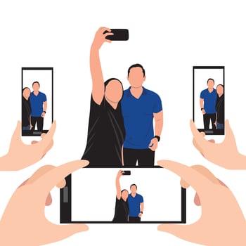 Selfie of a group of people on a smartphone. Vector illustration