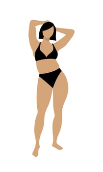 Beautiful plus size woman in a black bikini. Female curvy character. Positive body concept. Isolated vector illustration