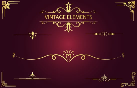 Set Vintage line elements in luxurious gold color for decorating cards. vector