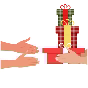Hand holding three gift boxes and giving presents to other person. Gifts passed from hand to hand. Cartoon style vector