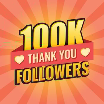 Thank you 100000 followers icon in flat style. Subscription amount vector illustration on isolated background. 100k follower sign business concept.