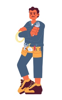 Handyman tool belt cartoon flat illustration. Mustache hispanic repairman holding wrench 2D character isolated on white background. Construction worker. Mechanic auto repair scene vector color image