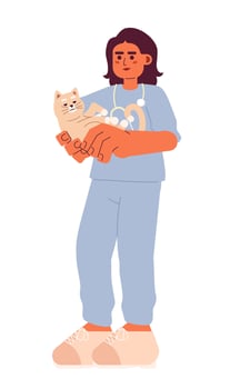 Female vet cat cartoon flat illustration. Stethoscope veterinarian woman middle eastern carrying pet 2D character isolated on white background. Veterinary doctor clinic scene vector color image