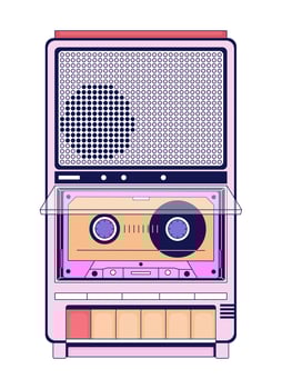 Cassette 80s audio equipment 2D linear cartoon object. Audiocassette inside retro device isolated line vector element white background. Listening music vintage color flat spot illustration