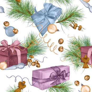 Christmas seamless pattern of gift boxes, Christmas decorations digital illustration. Pine branch, deer, angel hand drawn. Element for holiday print, new year wrapping, background. png