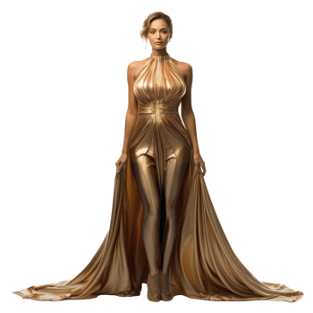 Girl in a beautiful golden long evening dress isolated png