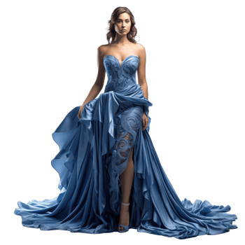 Girl in a beautiful blue long evening dress isolated png