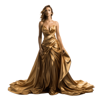 Girl in a beautiful golden long evening dress isolated png