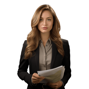 Business woman in jacket with documents in hands isolated. png