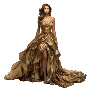 Girl in a beautiful golden long evening dress isolated png