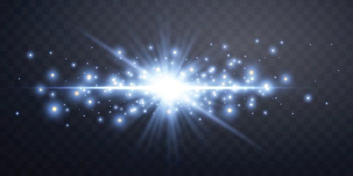 Blue horizontal lensflare. Light flash with rays spotlight. Blue glow flare light effect. Vector illustration.