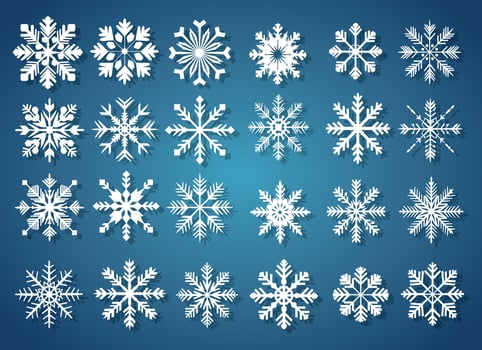Big set of white snowflakes on a blue gradient background for winter design. Christmas and New Year elements concept. Vector snowflakes. Snowflakes in flat style. Holiday wallpaper.