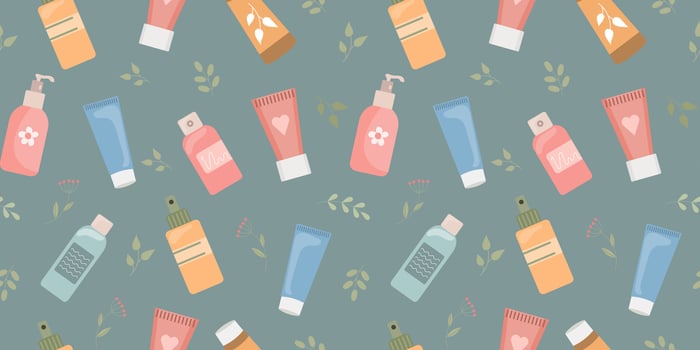 Seamless pattern of hand and face creams, organic cosmetics. Skin care background. Print, wallpaper. Vector