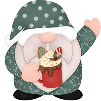 Watercolor Christmas Gnome hand holding a glass of Christmas drink. Wearing a green dress with a gingerbread pattern. Merry Christmas and Happy New Year Concept. png