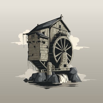 old vintage house with a water wheel vector