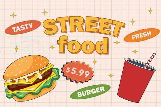 Retro cartoon funny fast food character posters. Vintage street food burger mascot vector illustration for cafeteria, restaraunt, cafe. Nostalgia 60s, 70s, 80s